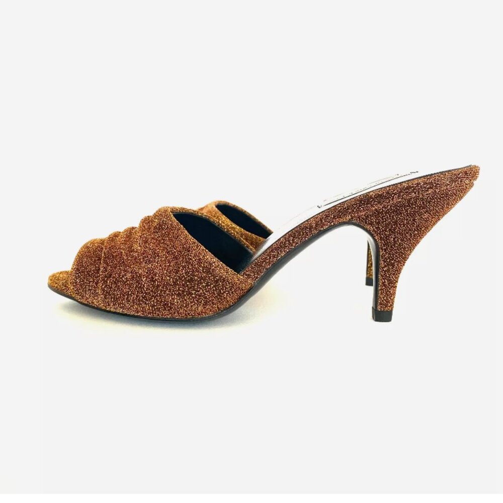 New HANDMADE Orange Gold Glitter Fabric Mules Kitten Heels NYC Designer